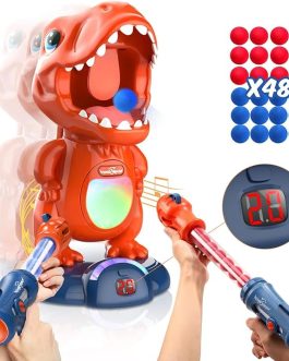 Movable Dinosaur Shooting Toys for Kids Games with 2 Air Pump Gun, Party Toys with Score Record, LED & Sound, 48 Foam Balls Electronic Target Practice Gift for Boys and Girls