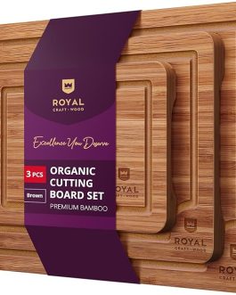 ROYAL CRAFT WOOD Wooden Cutting Boards for Kitchen Meal Prep & Serving – Bamboo Wood Serving Board Set with Deep Juice Groove Side Handles – Charcuterie & Chopping Butcher Block for Meat (3 Pcs)