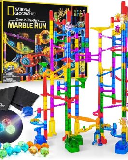 NATIONAL GEOGRAPHIC Glowing Marble Run – Construction Set with 15 Glow in The Dark Glass Marbles & Storage Bag, STEM Gifts for Boys and Girls, Building Project Toy (Amazon Exclusive)